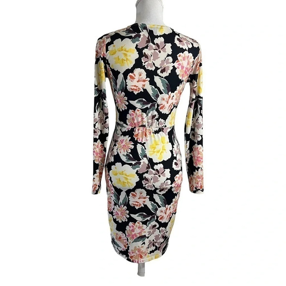 French Connection Colorful Floral Jersey Stretch Knit Dress Size 0 Draped V Neck - Picture 3 of 6